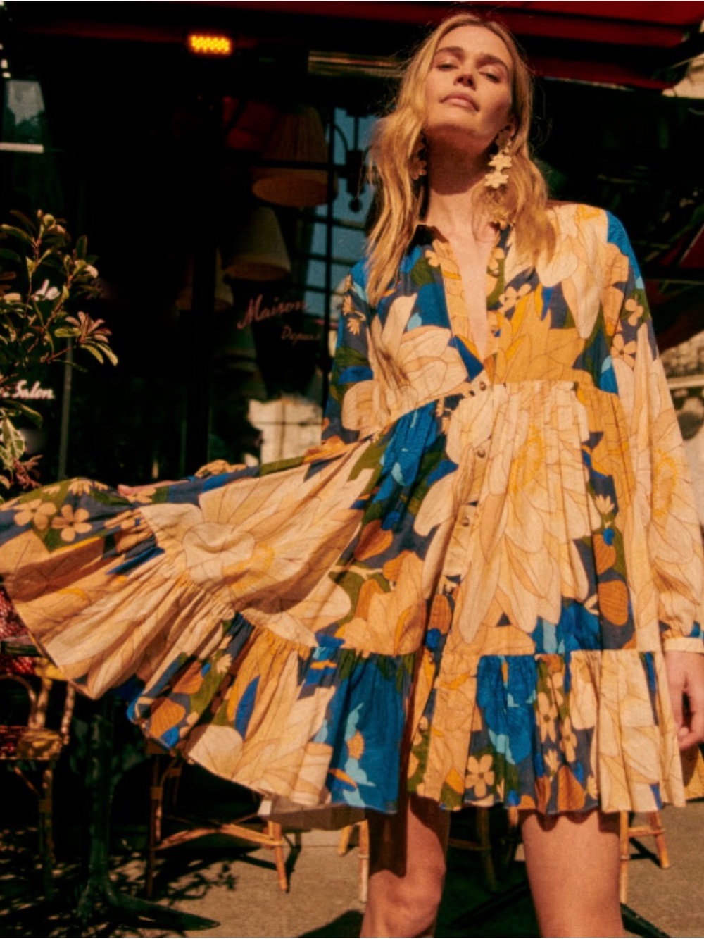 Sézane x Farm Rio Hilma Dress Floral Mandacaru Size 2 Tiered Mini Dress